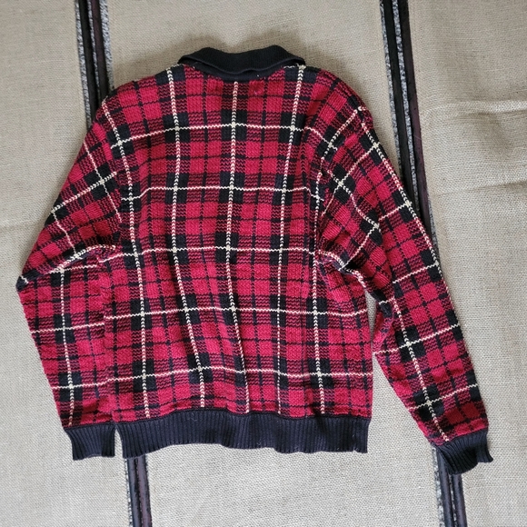 Vintage Plaid Sweater Collared Cardigan Red Black Yellow Checkered Baxter Wells - Picture 4 of 5